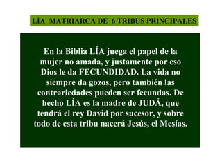 LÍA MATRIARCA DE 6 TRIBUS PRINCIPALES

En la Biblia LÍA juega el papel de la
mujer no amada, y justamente por eso
Dios le da FECUNDIDAD. La vida no
siempre da gozos, pero también las
contrariedades pueden ser fecundas. De
hecho LÍA es la madre de JUDÁ, que
tendrá el rey David por sucesor, y sobre
todo de esta tribu nacerá Jesús, el Mesías.

 
