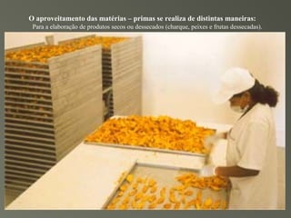 O aproveitamento das matérias – primas se realiza de distintas maneiras:
 Para a elaboração de produtos secos ou dessecados (charque, peixes e frutas dessecadas).
 