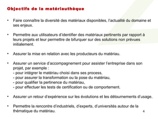 Objectifs de la matériauthèque

•   Faire connaître la diversité des matériaux disponibles, l’actualité du domaine et 
    ses enjeux.

•   Permettre aux utilisateurs d’identifier des matériaux pertinents par rapport à 
    leurs projets et leur permettre de bifurquer sur des solutions non prévues 
    initialement.

•   Assurer la mise en relation avec les producteurs du matériau.

•   Assurer un service d’accompagnement pour assister l’entreprise dans son 
    projet, par exemple :
    - pour intégrer le matériau choisi dans ses process,
    - pour assurer la transformation ou la pose du matériau,
    - pour qualifier la pertinence du matériau,
    - pour effectuer les tests de certification ou de comportement.

•   Assurer un retour d’expérience sur les évolutions et les détournements d’usage.

•   Permettre la rencontre d’industriels, d’experts, d’universités autour de la 
    thématique du matériau.                                                        4
 
