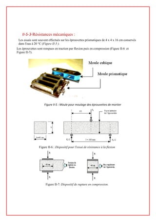 II-5-3-Résistances mécaniques :
Les essais sont souvent effectués sur les éprouvettes prismatiques de 4 x 4 x 16 cm conservés
dans l'eau à 20 °C (Figure II-5 ).
Les éprouvettes sont rompues en traction par flexion puis en compression (Figure II-6 et
Figure II-7).
Figure II-5 : Moule pour moulage des éprouvettes de mortier
Figure II-6 : Dispositif pour l'essai de résistance à la flexion
Figure II-7: Dispositif de rupture en compression.
 