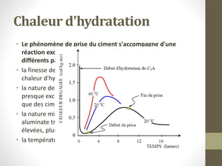 Chaleur d'hydratation
• Le phénomène de prise du ciment s'accompagne d'une
réaction exothermique dont l'importance dépend de
différents paramètres, en particulier:
• la finesse de mouture: plus le ciment est broyé fin, plus la
chaleur d'hydratation est élevée
• la nature des constituants: les ciments CPA comportant
presque exclusivement du clinker dégagent plus de chaleur
que des ciments avec constituants secondaires
• la nature minéralogique du clinker: plus les teneurs en
aluminate tricalcique (C3A) et silicate tricalcique (C3S) sont
élevées, plus la chaleur d'hydratation est forte
• la température extérieure
 
