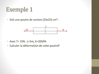 Exemple 1
• Soit une poutre de section (25x25) cm² :
• Avec T= 15N , L=5m, E=20GPA
• Calculer la déformation de cette poutre?
 