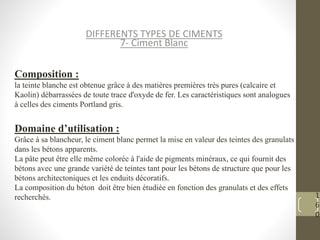 1
6
0
DIFFERENTS TYPES DE CIMENTS
7- Ciment Blanc
Composition :
la teinte blanche est obtenue grâce à des matières premières très pures (calcaire et
Kaolin) débarrassées de toute trace d'oxyde de fer. Les caractéristiques sont analogues
à celles des ciments Portland gris.
Domaine d’utilisation :
Grâce à sa blancheur, le ciment blanc permet la mise en valeur des teintes des granulats
dans les bétons apparents.
La pâte peut être elle même colorée à l'aide de pigments minéraux, ce qui fournit des
bétons avec une grande variété de teintes tant pour les bétons de structure que pour les
bétons architectoniques et les enduits décoratifs.
La composition du béton doit être bien étudiée en fonction des granulats et des effets
recherchés.
 