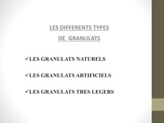 LES DIFFERENTS TYPES
DE GRANULATS
LES GRANULATS NATURELS
LES GRANULATS ARTIFICIELS
LES GRANULATS TRES LEGERS
 
