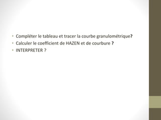 • Compléter le tableau et tracer la courbe granulométrique?
• Calculer le coefficient de HAZEN et de courbure ?
• INTERPRETER ?
 