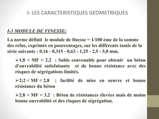 I- LES CARACTERISTIQUES GEOMETRIQUES
I-3 MODULE DE FINESSE:
La norme définit le module de finesse = 1/100 ème de la somme
des refus, exprimés en pourcentages, sur les différents tamis de la
série suivante : 0,16 - 0,315 - 0,63 - 1,25 - 2,5 - 5,0 mm.
1,8 < MF < 2,2 : Sable convenable pour obtenir un béton
d'ouvrabilité satisfaisante et de bonne résistance avec des
risques de ségrégations limités.
2;2 < MF < 2,8 : facilité de mise en oeuvre et bonne
résistance du béton
2,8 < MF < 3,2 : Béton de résistances élevées mais de moins
bonne ouvrabilité et des risques de ségrégation.
 