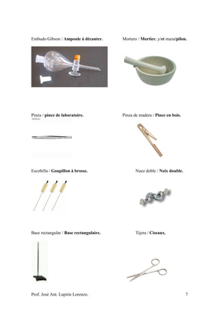 Prof. José Ant. Lupión Lorenzo. 7
Embudo Gibson / Ampoule à décanter. Mortero / Mortier. y/et maza/pilon.
Pinza / pince de laboratoire. Pinza de madera / Pince en bois.
Escobilla / Goupillon à brosse. Nuez doble / Noix double.
Base rectangular / Base rectangulaire. Tijera / Ciseaux.
 