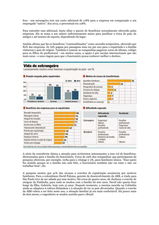fora - um estrangeiro tem um custo adicional de 118% para a empresa em comparação a um
empregado "nativo". Em 2012, o percentual era 128%.
Para entender esse adicional, basta olhar o pacote de benefícios normalmente oferecido pelas
empresas. Ele se soma a um salário suficientemente maior para justificar a troca de país, de
amigos e até mesmo de esporte, dependendo do lugar.
Andréa afirma que há os benefícios "commoditizados" como moradia temporária, oferecido por
82% das empresas. Já 79% pagam por passagens uma vez por ano para o expatriado e a família
visitarem o país de origem. Também é comum as companhias pagarem curso de idioma, colégio
para os filhos do profissional - em muitos casos, a opção é por escolas internacionais que são
mais caras - e uma viagem para que o funcionário possa conhecer melhor o destino.

A sócia da consultoria chama a atenção para acréscimos interessantes a esse rol de benefícios,
direcionados para a família do funcionário. Cerca de 29% das companhias que participaram da
pesquisa oferecem, por exemplo, verba para o cônjuge e 3%, para familiares idosos. "Esse apoio
faz sentido porque se a família não está feliz, o funcionário também não vai estar e não vai
trabalhar bem", diz.
A pesquisa mostra que 41% das recusas a convites de expatriação acontecem por motivos
familiares. Para o colombiano David Paloma, gerente de desenvolvimento da ABB, a vinda para
São Paulo teve de ser adiada por esse motivo. Há cerca de quatro anos, ele declinou o convite de
emigrar da Finlândia, para onde se mudou com a família há sete anos. David não queria ficar
longe da filha, Gabriela, hoje com 15 anos. Naquele momento, a menina nascida na Colômbia
ainda se adaptava à cultura finlandesa e à situação de ter os pais divorciados. Quando o convite
da ABB voltou a ser feito neste ano, a situação familiar já era mais confortável. Há pouco mais
de dois meses, o engenheiro se mudou sozinho para o Brasil.

 
