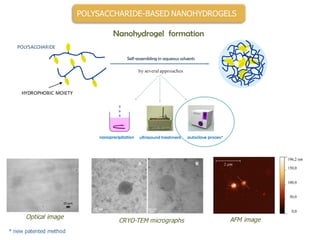 HYDROPHOBIC	MOIETY
POLYSACCHARIDE
CRYO-TEM micrographs
Optical image
10	µm
100	nm 50	nm
* new patented method
AFM image
by several approaches
POLYSACCHARIDE-BASED NANOHYDROGELS
 