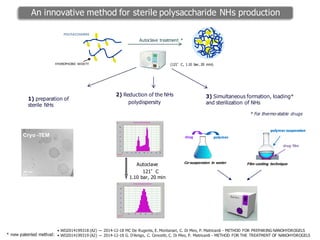 (121°C, 1.10 bar, 20 min)
1) preparation of
sterile NHs
2) Reduction of the NHs
polydispersity
3) Simultaneous formation, loading*
and sterilization of NHs
HYDROPHOBIC	MOIETY
POLYSACCHARIDE
Autoclave treatment *
* new patented method:
• WO2014199318 (A2) ― 2014-12-18 MC De Rugeriis, E. Montanari, C. Di Meo, P. Matricardi - METHOD FOR PREPARING NANOHYDROGELS
• WO2014199319 (A2) ― 2014-12-18 G. D’Arrigo, C. Cencetti, C. Di Meo, P. Matricardi - METHOD FOR THE TREATMENT OF NANOHYDROGELS
An innovative method for sterile polysaccharide NHs production
Cryo -TEM
100 nm
Autoclave
121°C
1.10 bar, 20 min
* For thermo-stable drugs
polymerdrug
Co-suspension in water Film-casting technique
drug film
polymer suspension
 
