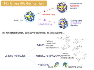 hydrophilic drug
hydrophobic drug
empty NHs
Loading within
hydrophilic
domains
Loading within
hydrophobic
domains
Loaded molecules
Paclitaxel
Levofloxacin
Piroxicam
Dexamethasone
DRUGS
NATURAL SUBSTANCES
Curcumin
Resveratrol
Annona extracts
PROTEINS
BSAO
by nanoprecipitation, autoclave treatment, solvent casting….
ALGINATE LYASE
Highly versatile drug carriers
 