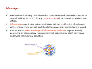 Advantages:
ü Prednisolone is already clinically used in combination with chemotherapeutics in
several anticancer protocols (e.g. prostate cancer) to prevent or reduce side
effects.
ü Inflammation contributes	to	tumor	initiation,	 induces	proliferation	 of	malignant	
cells,	enhances	their	survival,	and	stimulates	angiogenesis	and	metastatic	spread.
ü Cancer,	in	turn,	takes	advantage	of	inflammatory	mediators to	grow,	thereby	
generating	an	inflammatory	 microenvironment	 in	tumors	for	which	there	is	no	
underlying	 inflammatory	 condition.
Paclitaxel (PCT)
Prednisolone
 