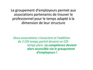 Le groupement d'employeurs permet aux
associations partenaires de trouver le
professionnel pour le temps adapté à la
dimension de leur structure
Deux associations s'associent et l'addition
de 2 CDI temps partiel devient un CDI
temps plein. La compétence devient
alors accessible via le groupement
d'employeurs !
 