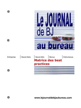 Entreprise   Savoir-faire   Savoir-être   Bonus   Extra bonus

                            Matrice des best
                            practices




                            www.lejournaldebjaubureau.com
 