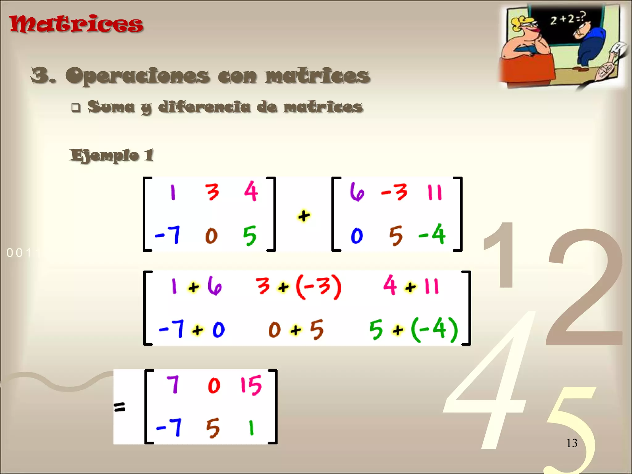 Matrices163. Operaciones con matrices Producto de un número por una matrizEjemplo 2Dada las matrices Halla 3.B - A