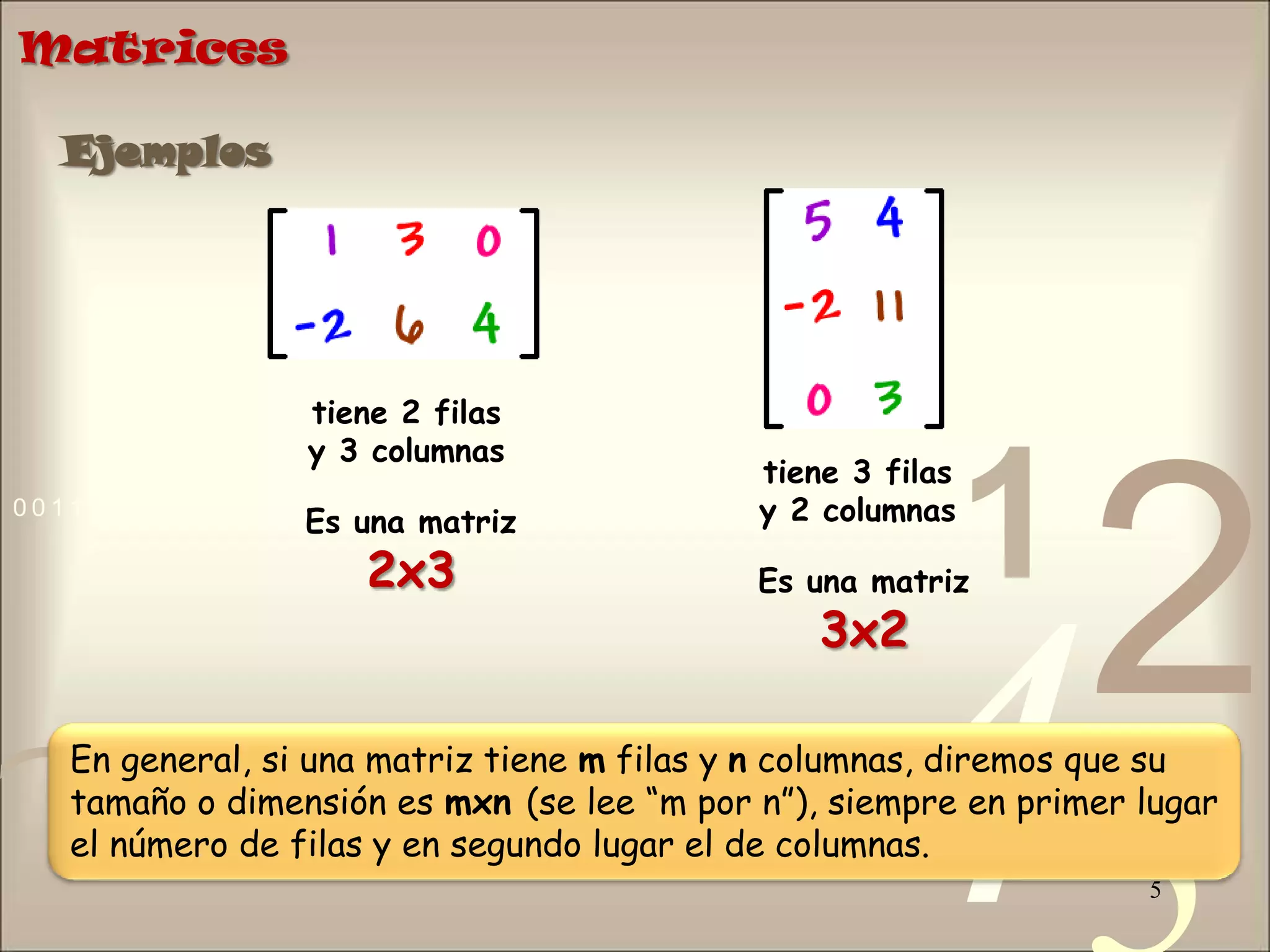 5MatricesEjemplostiene 2 filasy 3 columnastiene 3 filasy 2 columnasEs una matriz2x3Es una matriz3x2En general, si una matriz tiene m filas y n columnas, diremos que su tamaño o dimensión es mxn(se lee “m por n”), siempre en primer lugar el número de filas y en segundo lugar el de columnas.