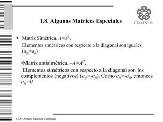 1.8. Algunas Matrices Especiales

w Matriz Simétrica. A=AT.
  Elementos simétricos con respecto a la diagonal son iguales
  (aij=aji)

   •Matriz antisimétrica. –A=AT.
    Elementos simétricos con respecto a la diagonal son los
   complementos (negativos) (aij=-aji). Como aii=-aii, entonces
   aii=0




©Dr. Arturo Sanchez Carmona
 