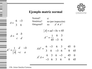 Ejemplo matriz normal
                               Normal?        si
    6 −3                     Simétrica?     no (por inspección)
 A=      
    3 6                      Ortogonal?     no      AT ≠ A−1

                                            A = ad − bc = 45
    a b
  A=                                       −11  6 3
     c d                                  A =         
                                               45  −3 6 

                                        6        −3  6    3   45 0 
    1     d −b                   AA = 
                                      T
                                                             =      
A =
 -1
                                      3        6  −3    6   0 45 
    A     −c a 
                                        6         3  6   −3   45 0 
                                   A A=
                                    T
                                                             =      
                                         −3       6  3   6   0 45 

 ©Dr. Arturo Sanchez Carmona
 