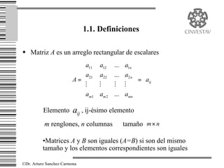 1.1. Definiciones

w Matriz A es un arreglo rectangular de escalares
                              a11   a12    ... a1n 
                             a      a22    ... a2 n 
                         A =  21                     = a 
                             M      M      M M   ij 
                                                    
                              am1
                                    am 2   ... amn 

          Elemento       aij , ij-ésimo elemento
           m renglones, n columnas             tamaño m × n

          •Matrices A y B son iguales (A=B) si son del mismo
          tamaño y los elementos correspondientes son iguales

©Dr. Arturo Sanchez Carmona
 