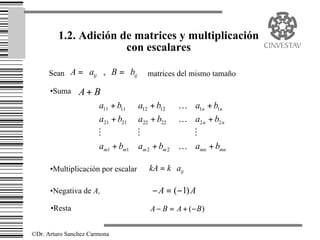 1.2. Adición de matrices y multiplicación
                       con escalares

      Sean A =  aij  , B = bij  matrices del mismo tamaño
                            
      •Suma     A+ B
                       a11 + b11 a12 + b12 K a1n + b1n 
                      a + b      a22 + b22 K a2 n + b2 n 
                        21    21                         
                      M          M             M         
                                                         
                      
                       am1 + bm1 am 2 + bm 2 K amn + bmn 
                                                          

      •Multiplicación por escalar   kA = k  aij 
                                            

      •Negativa de A,                − A = (−1) A
      •Resta                        A − B = A + (− B )


©Dr. Arturo Sanchez Carmona
 
