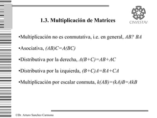 1.3. Multiplicación de Matrices

  •Multiplicación no es conmutativa, i.e. en general, AB? BA

  •Asociativa, (AB)C=A(BC)

  •Distributiva por la derecha, A(B+C)=AB+AC

  •Distributiva por la izquierda, (B+C)A=BA+CA

  •Multiplicación por escalar conmuta, k(AB)=(kA)B=AkB




©Dr. Arturo Sanchez Carmona
 