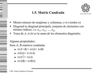 1.5. Matriz Cuadrada

w Mismo número de renglones y columnas, n x n (orden n)
w Diagonal (o diagonal principal), conjunto de elementos con
  mismos índices, i.e. a11, a22, …, ann
w Traza de A, tr(A) es la suma de los elementos diagonales

Algunas propiedades:
Sean A, B matrices cuadradas
   n tr(A+B)= tr(A)+ tr(B)

   n tr(kA)= k tr(A)
          T
   n tr(A )= tr(A)

   n tr(AB)= tr(BA)




©Dr. Arturo Sanchez Carmona
 