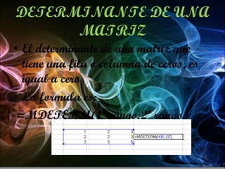 DETERMINANTE DE UNA MATRIZ El determinante de una matriz que tiene una fila o columna de ceros, es igual a cero La formula es: =MDETERM(1º rango:2º rango) 