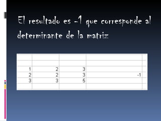 El resultado es -1 que corresponde al determinante de la matriz 