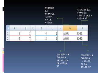 ESCRIBE LA FORMULA = B2+E2 EN LA CELDA H2 ESCRIBE LA FORMULA =A2+D2 EN LA CELDA G2 ESCRIBE LA FORMULA =A1+D1 EN LA CELDA G1 ESCRIBE LA FORMULA =B1+E1 EN LA CELDA H1 
