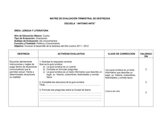 MATRIZ DE EVALUACIÓN TRIMESTRAL DE DESTREZAS

                                                       ESCUELA “ANTONIO ANTE...