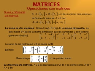 MA TRIC E S
                       Operaciones con matrices
Suma y diferencia
                            Si A = aij  y B = bij  son dos matrices mxn entonces
                                               
de matrices
                            definimos la suma de A y B por,
                            A + B = aij  + bij  ≡ aij + bij 
                                                            

 La suma de dos matrices: Sean A=(aij), B=(bij) de la misma dimensión, es
    otra matriz S=(sij) de la misma dimensión que los sumandos y con término
    genérico sij=aij+bij.            1 2 − 4  −1 0     2   0 2 − 2
                                    
                                     0 3 − 1  +  1 − 5 − 1 =  1 − 2 − 2 
                                                                         
                                                                        

 La suma de las matrices A y B se anota A+B.

 Ejemplo


            Sin embargo,                        no se pueden sumar.

La diferencia de matrices: A y B se representa por A–B, y se define como: A–B =
A + (–B)
 