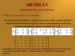 MA TRIC E S
                     Operaciones con matrices
Producto de una matriz por un número

 El producto de una matriz A = (aij) por un número real k es otra matriz B =
   (bij) de la misma dimensión que A y tal que cada elemento bij de B se
               obtiene multiplicando aij por k, es decir, bij = k·aij.

                                     Ejemplo:


                 1   0 − 2 6  2         0 − 4 12 
                                                    
                 −2 1     0 0  − 4 2         0 0
               2                  =
                   4  3    8 0  8        6 16 0 
                                                    
                 −1 −1 − 3 0   − 2 − 2 − 6 0 
                                                    
El producto de la matriz A por el número real k se designa por k·A. Al número real
k se le llama también escalar, y a este producto, producto de escalares por
matrices
 