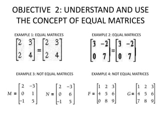 OBJECTIVE 2: UNDERSTAND AND USE
 THE CONCEPT OF EQUAL MATRICES
EXAMPLE 1: EQUAL MATRICES       EXAMPLE 2: EQUAL MATRICES




EXAMPLE 3: NOT EQUAL MATRICES   EXAMPLE 4: NOT EQUAL MATRICES
 