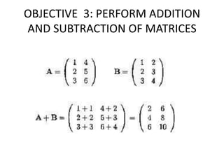 OBJECTIVE 3: PERFORM ADDITION
AND SUBTRACTION OF MATRICES
 