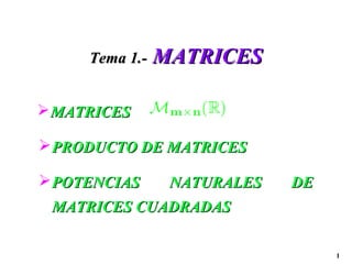 1
Tema 1.-Tema 1.- MATRICESMATRICES
MATRICESMATRICES
PRODUCTO DE MATRICESPRODUCTO DE MATRICES
POTENCIAS NATURALES DEPOTENCIAS NATURALES DE
MATRICES CUADRADASMATRICES CUADRADAS
 