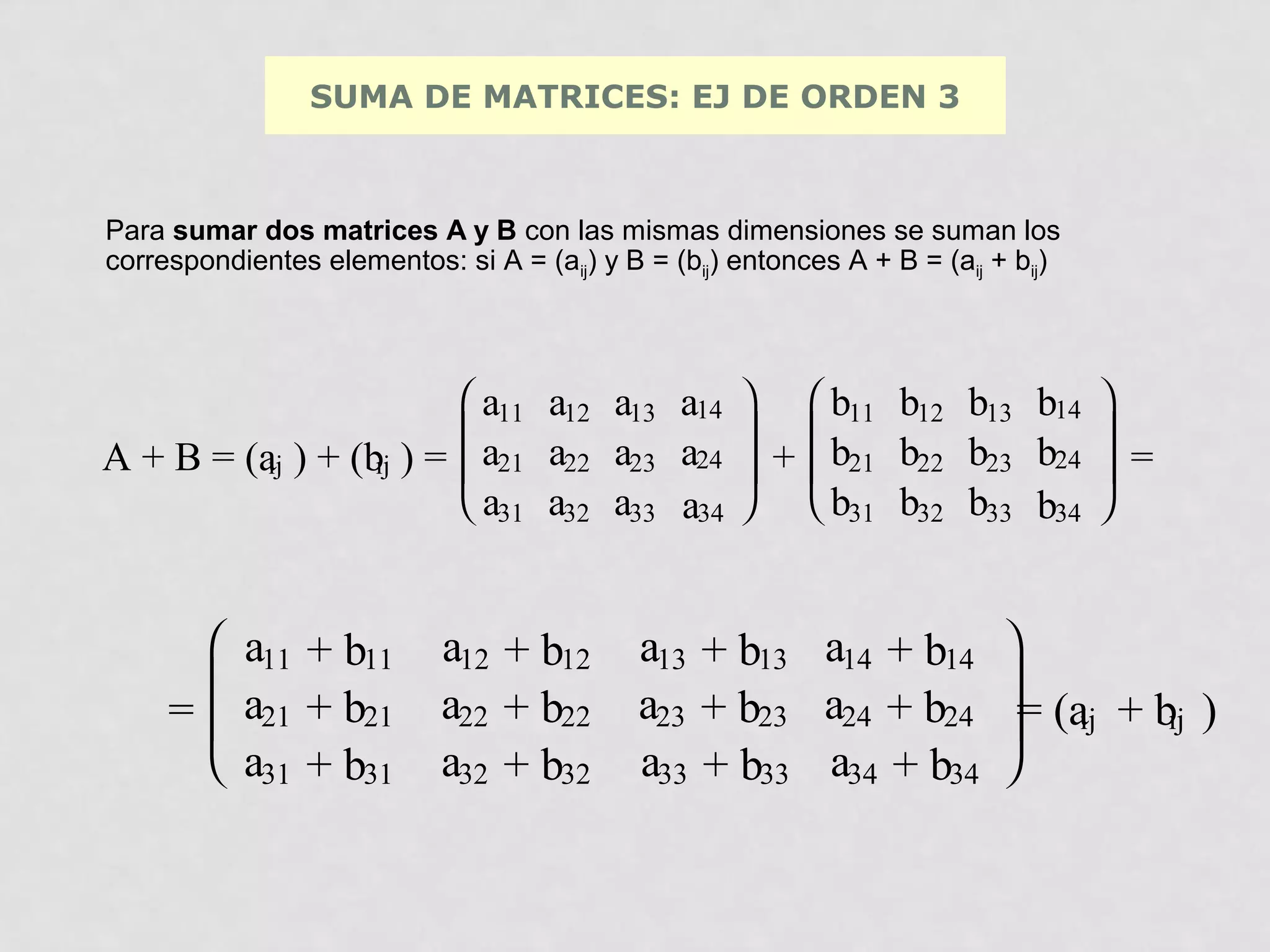 SUMA DE MATRICES: EJ DE ORDEN 3

Para sumar dos matrices A y B con las mismas dimensiones se suman los
correspondientes elementos: si A = (aij) y B = (bij) entonces A + B = (aij + bij)

 a11 a12 a13 a14

A + B = (a ) + (b ) =  a21 a22 a23 a24
ij
ij
 a31 a32 a33 a34

 a11 + b11

=  a21 + b21
 a31 + b31

a12 + b12
a22 + b22
a32 + b32

  b11 b12 b13 b14
 
 +  b21 b22 b23 b24
  b31 b32 b33 b34

a13 + b13 a14 + b14
a23 + b23 a24 + b24
a33 + b33 a34 + b34



 =




ij
ij
= (a + b )


 
