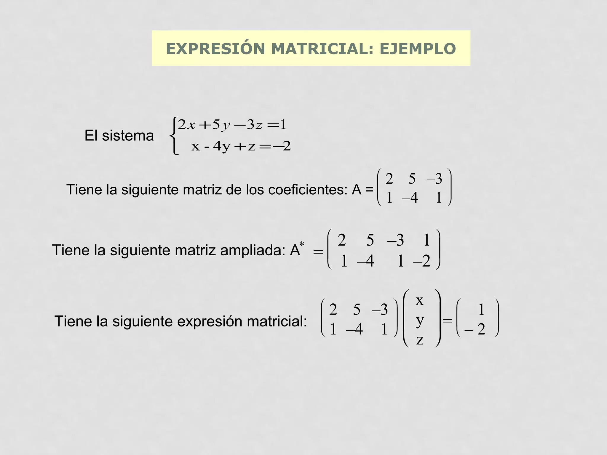 EXPRESIÓN MATRICIAL: EJEMPLO

2 x + 5 y − 3 z =1
 x - 4y + z = −2

El sistema 






2 5 –3 

Tiene la siguiente matriz de los coeficientes: A =
1 –4 1 






2 5 –3 1 

Tiene la siguiente matriz ampliada: A* =

1 –4 1 –2 
Tiene la siguiente expresión matricial:






 x  
2 5 –3 
1

y =

 – 2
1 –4 1 
 z 










 