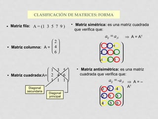 CLASIFICACIÓN DE MATRICES: FORMA
•

• Matriz simétrica: es una matriz cuadrada
que verifica que:

Matriz fila: A = (1 3 5 7 9 )

•

2
 
Matriz columna: A =  4 
6

•

 1 3 5

Matriz cuadrada:A=  2 4 6
 1 1 1

aij = a ji

Diagonal
secundaria

Diagonal
principal

 2 4
1

2
 3 5

4
 5 -1





⇒ A = AT







• Matriz antisimétrica: es una matriz
cuadrada que verifica que:

aij = -a ji ⇒ A = –
T
0 2 -4  A


 0 3 
-2


4 -3 0 


 