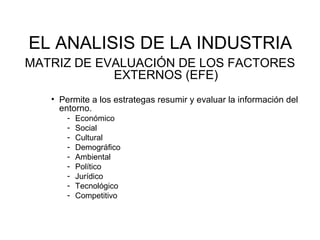 EL ANALISIS DE LA INDUSTRIA
MATRIZ DE EVALUACIÓN DE LOS FACTORES
EXTERNOS (EFE)
• Permite a los estrategas resumir y evaluar la información del
entorno.
- Económico
- Social
- Cultural
- Demográfico
- Ambiental
- Político
- Jurídico
- Tecnológico
- Competitivo
 
