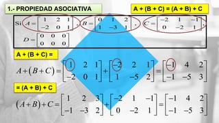 1.- PROPIEDAD ASOCIATIVA A + (B + C) = (A + B) + C
A + (B + C) =
= (A + B) + C
1 2 1 0 1 2 2 1 1
Si , , ,
2 0 1 1 3 1 0 2 1
0 0 0
0 0 0
A B C
D
      
              
 
  
 
 
1 2 1 2 2 1 1 4 2
2 0 1 1 5 2 1 5 3
A B C
      
                 
 
1 2 3 2 1 1 1 4 2
1 3 2 0 2 1 1 5 3
A B C
       
                  
 