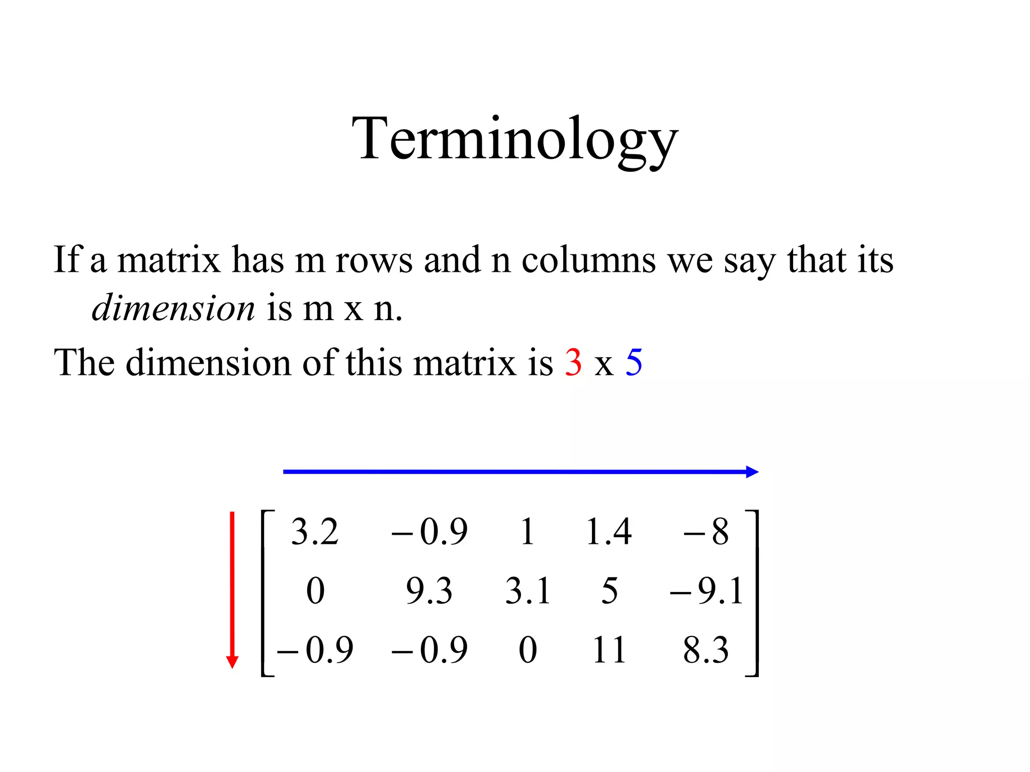 Terminology
If a matrix has m rows and n columns we say that its
dimension is m x n.
The dimension of this matrix is 3 x 5










−−
−
−−
3.81109.09.0
1.951.33.90
84.119.02.3
 