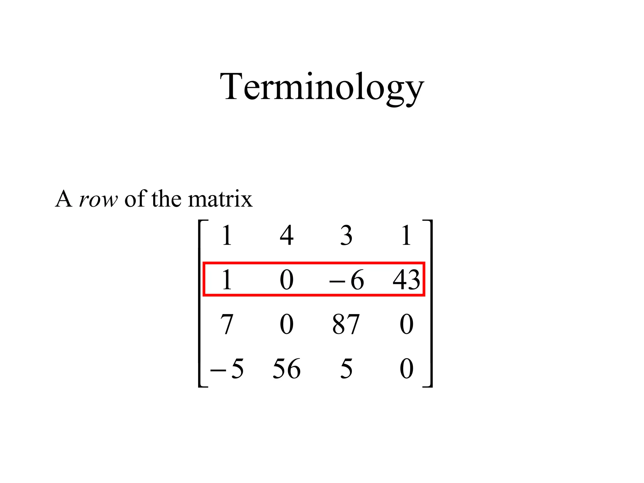 Terminology
A row of the matrix












−
−
05565
08707
43601
1341
 