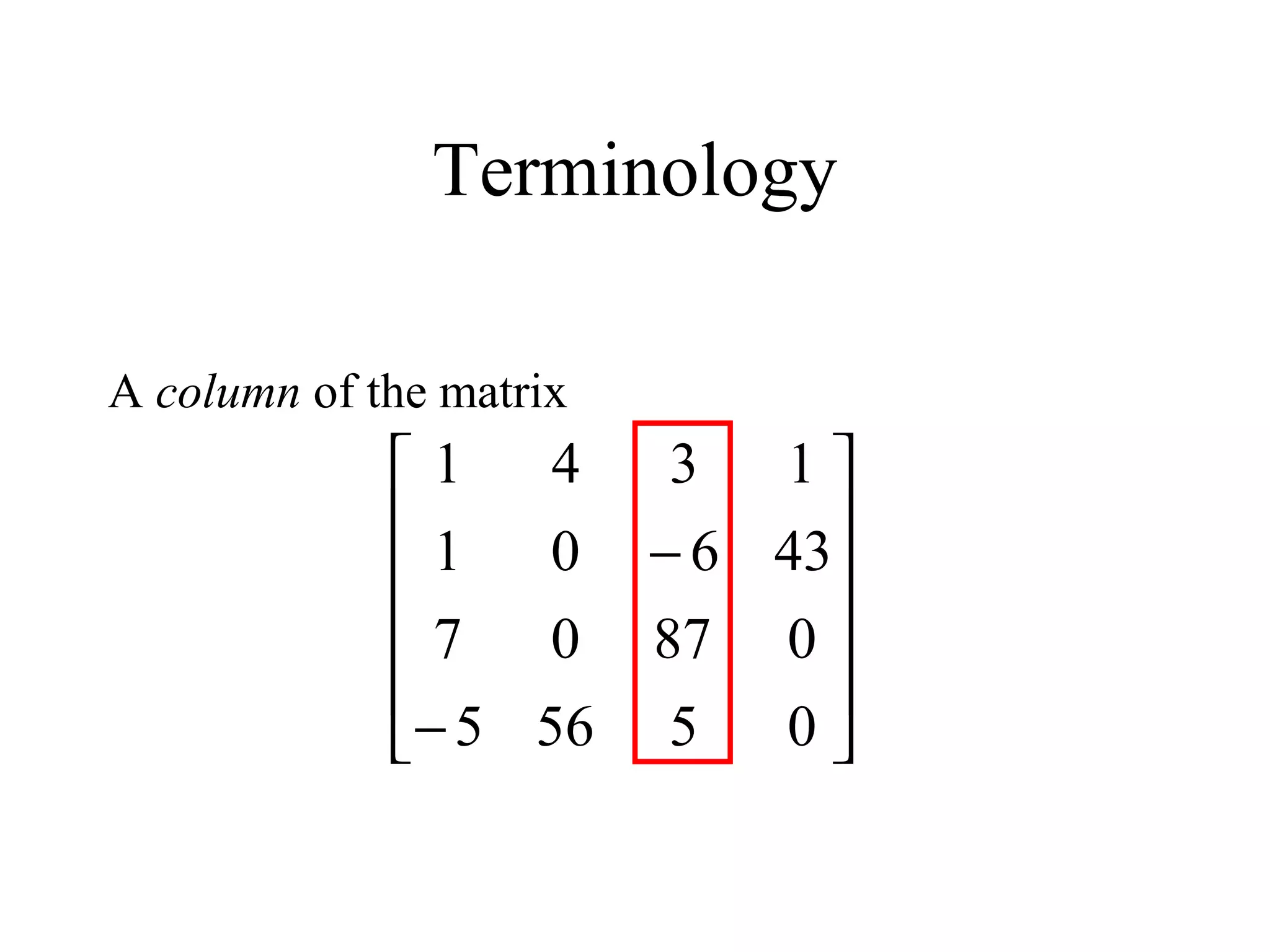 Terminology
A column of the matrix












−
−
05565
08707
43601
1341
 