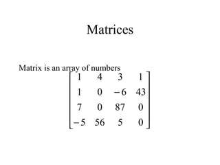Matrices
Matrix is an array of numbers












−
−
05565
08707
43601
1341
 