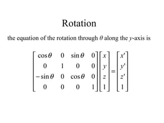 Rotation
the equation of the rotation through θ along the y-axis is












=
























−
1
'
'
'
11000
0cos0sin
0010
0sin0cos
z
y
x
z
y
x
θθ
θθ
 