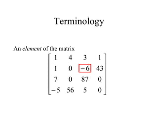 Terminology
An element of the matrix












−
−
05565
08707
43601
1341
 