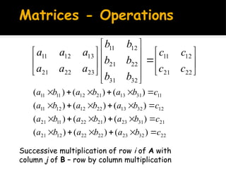 Matrices - Operations























22
21
12
11
32
31
22
21
12
11
23
22
21
13
12
11
c
c
c
c
b
b
b
b
b
b
a
a
a
a
a
a
22
32
23
22
22
12
21
21
31
23
21
22
11
21
12
32
13
22
12
12
11
11
31
13
21
12
11
11
)
(
)
(
)
(
)
(
)
(
)
(
)
(
)
(
)
(
)
(
)
(
)
(
c
b
a
b
a
b
a
c
b
a
b
a
b
a
c
b
a
b
a
b
a
c
b
a
b
a
b
a
























Successive multiplication of row i of A with
column j of B – row by column multiplication
 