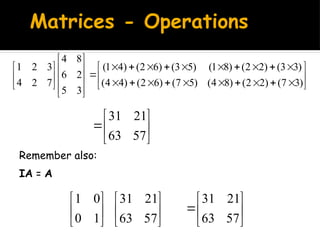 Matrices - Operations











































)
3
7
(
)
2
2
(
)
8
4
(
)
5
7
(
)
6
2
(
)
4
4
(
)
3
3
(
)
2
2
(
)
8
1
(
)
5
3
(
)
6
2
(
)
4
1
(
3
5
2
6
8
4
7
2
4
3
2
1







57
63
21
31
Remember also:
IA = A






1
0
0
1






57
63
21
31







57
63
21
31
 