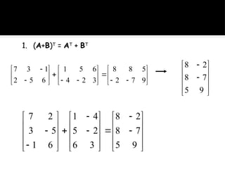 1. (A+B)T
= AT
+ BT


























9
7
2
5
8
8
3
2
4
6
5
1
6
5
2
1
3
7












9
5
7
8
2
8






































9
5
7
8
2
8
3
6
2
5
4
1
6
1
5
3
2
7
 