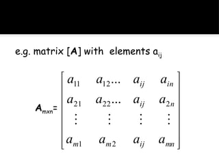 e.g. matrix [A] with elements aij
Amxn=














mn
ij
m
m
n
ij
in
ij
a
a
a
a
a
a
a
a
a
a
a
a
2
1
2
22
21
12
11
...
...




 